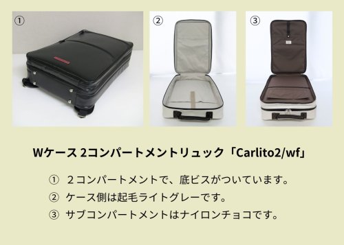 　1: Wケース 2コンパート・リュック「Carlito2/wf」（フルート・オーボエ・クラリネット対応）ブルーアイボリー / チョコ
